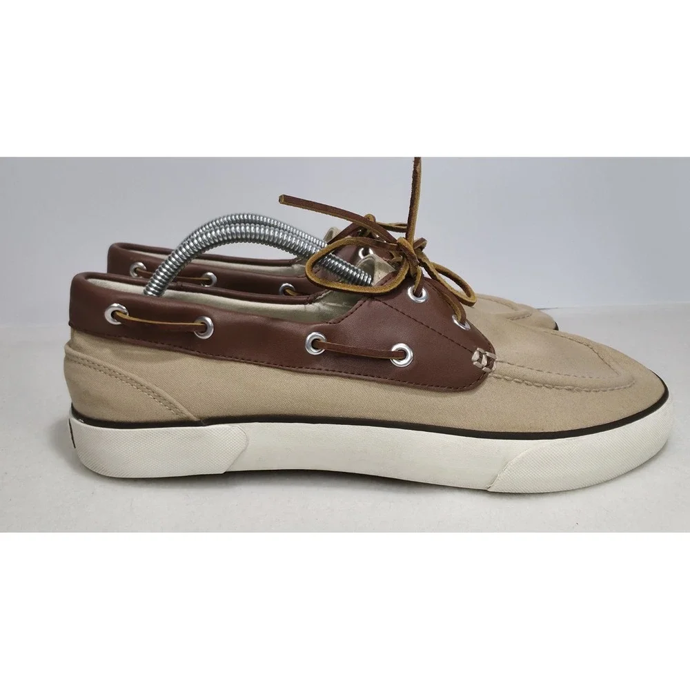 Polo Ralph Lauren Rylander Beige Canvas Brown Leather Boat‎ Shoe 11 D